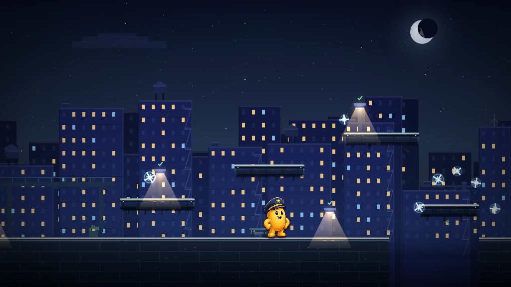 The city with shielded warm lighting and a restored star-filled sky